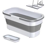 Cesta de lavado plegable, cubo plegable de 20.0 x 8.0 in, cesta de lavado rectangular de gran capacidad con asa, cubo para fregona que ahorra espacio con ruedas móviles, limpieza gris y blan