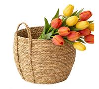 Cesta de mimbre para macetas, cesta de almacenamiento con asa, cesta de mimbre para plantas de interior, para dormitorio, habitación de los niños, balcón, patio, granja