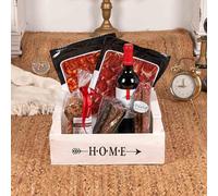 Cesta de Navidad Gourmet - Lote Dt 020-25 / con vino tinto Rioja, jamón reserva, longaniza, chorizo ibérico, fuet y dulces de chocolate en bandeja blanca regalo