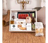 Cesta de Navidad - Lote 335-25 / con vino blanco frizzante Libalis, queso curado Son Vives, ibéricos, ventresca La Brújula, aceite virgen extra y dulces en bandeja blanca