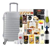 Cesta de Navidad Lote navideño Gourmet con Maleta Trolley Equipaje de Mano 4 Ruedas giratorias 26 articulos Total (Gris)