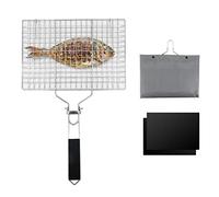 Cesta de parrilla para barbacoa, cesta de parrilla portátil, red de barbacoa plegable de acero inoxidable con alfombrilla de parrilla para pescado asado, camarones, verduras, carne, carne
