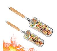 Cesta de parrilla para ruedas, accesorio para barbacoa al aire libre | 2 Utensilios de barbacoa de acero inoxidable plegable con mango de madera para verduras y camarones