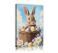 Cesta de Pascua con ciento de conejo adorable dibujo mural de huevos coloridos con estampados mural de margaritas blancas enmarcado para la habitación de juegos del bebé decoración interior 80x120cm
