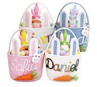 Cesta de Pascua personalizada 2026 para niños, cesta de cuerda de conejo y zanahoria personalizada con nombre, regalo de primera Pascua del bebé, cesta de decoración de primavera