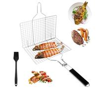 Cesta de Pescado, Cesta para Asar Pescado, Canasta de Parrilla de Barbacoa, Portátil Canasta Parrilla, Portátil Plegable, con Cepillo de Cocina, para Pescado, Verduras, Camarón, Carne (54 * 22cm)