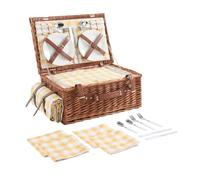 casa.pro Juego de Cesta de Pícnic Brindisi para 4 Personas con Manta Platos Cubiertos Compartimento Aislado Forro a Cuadros Correas de Polipiel Mimbre 46 x 31 x 20 cm - Blanco/Amarillo a Cuadros