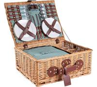 Cesta de Picnic de Mimbre para 4 Personas con Bolsa Isotérmica, Vajilla de Cerámica, Copas de Vidrio, Cubiertos de Acero Inoxidable e Interior a Cuadros Verde - Ideal para Playa, Parque