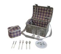 casa.pro Juego de Cesta de Pícnic para 2 Personas con Vajilla Bolsa Isotérmica Espacio Amplio para Comida Refrescos Forro a Cuadros Correas de Polipiel Mimbre 40 x 28 x 25 cm - Púrpura Beige