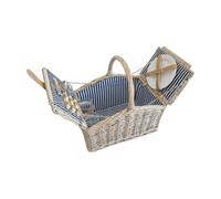 casa.pro Juego de Cesta de Pícnic para 2 Personas con Platos Cubiertos Espacio Amplio para Comida Refrescos Forro a Rayas Correas de Polipiel Mimbre 40 x 28 x 37 cm - Blanco/Azul