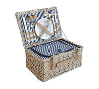 casa.pro Juego de Cesta de Pícnic para 2 Personas con Hielera Platos Cubiertos Espacio Amplio para Comida Refrescos Forro a Rayas Correas de Polipiel Mimbre 40x28x20cm - Blanco/Azul
