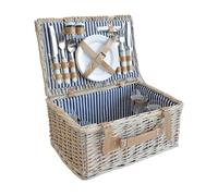 casa.pro Juego de Cesta de Pícnic para 4 Personas con Platos Cubiertos Espacio Amplio para Comida Refrescos Forro a Rayas Correas de Polipiel Mimbre 42 x 28 x 20 cm - Blanco/Azul