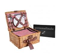 Cesta de Picnic Personalizable 2 o 4 Personas - Mimbre Natural - Roja/Azul/Verde - Vajilla y Copas con Grabado Láser, Etiqueta de Piel & Bandeja de Pizarra - Compartimento Isotérmico