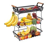 Cesta de producción | Portafrutas de 3 niveles para encimera de cocina, organizador de almacenamiento de alambre de metal con perchas de plátano para comer pan de verduras alemán en casa Fe