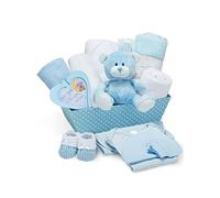 Cesta de Recién Nacido Azul - Set de Regalo para Bebé Niño con Osito, Patucos, Body, Babero, Gorro, Manta, Toalla con Capucha y Placa - Envuelta en Tela de Gasa