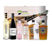 Cesta de Regalo para Empresas con Jamón Ibérico de Cebo, Whisky Don Crescencio 6 años, Ginebra Spirito Vetton, Vino Habla de la Tierra - Corazón Extremeño