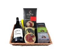 Cesta de Regalo para Empresas con Vino Tinto Habla de la Tierra, Paleta Ibérica de Bellota, Queso El Prado de Llera, Bombones de Higo - Corazón Extremeño