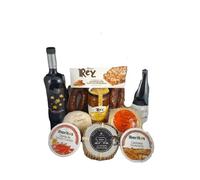 Cesta de Regalo para Empresas Gourmet con Vino Viña Puebla Selección, Torta de Cabra de Barros, Chorizo Ibérico, Turrón de Chocolate con Almendras - Corazón Extremeño