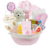 Cesta de regalo para niña nueva | Set de regalo único para una nueva mamá Set de regalo de bebé rosa. Paquete de bienvenida para el cuidado del bebé, todo con paquete esencial para recién nacidos para
