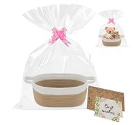 Cesta de regalo vacía, cesta de regalo vacía con bolsas de regalo, tarjeta de felicitación y cintas, cesta trenzada con asa para cumpleaños, baby showers (combinación Caqui y blanco)
