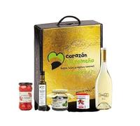 Cesta de Regalo Vegana para Empresas con Vino Blanco Habla de Ti, Pimientos de Piquillo, Aceite de Oliva Virgen Extra, Mermelada de Castaña - Corazón Extremeño