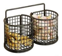 Cesta de rejilla abierta montada en la pared para organizar condimentos de ajo, cebollas, condimentos y grapas de cocina con tiras de montaje en pared seguras (3 negras)