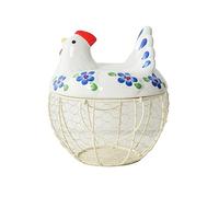 Cesta decorativa para huevos para mostrador, tapa de pollo de cerámica con cesta de alambre, capacidad para 20-25 huevos