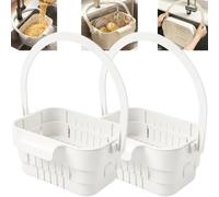 Cesta Escurridora Plegable para Fregadero con Tapa Abatible, Colador Extensible para Frutas, Verduras, Pasta y Organización de Cocina (White)