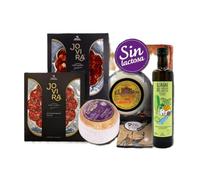 Cesta Extremeña Sin lactosa Loncheado Chorizo y Salchichón Ibérico de Bellota Queso Curado de Oveja Queso Cremoso de Untar del Zujar Aceite de Oliva Virgen Extra 250ml Cesta Regalo - CORAZON EXTREMEÑO