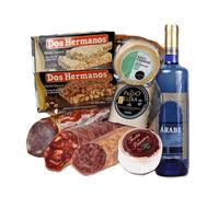 Cesta Gourmet Alange Vino Blanco Queso Torta de Barros Queso Oveja Curado Queso de Cabra Curado Caña de Lomo Ibérico, Salchichón y Chorizo Ibérico de Bellota Turrón de Almendra y Chocolate y Almendras