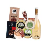 Cesta Gourmet Fregenal Loncheado de Lomo y Jamón Ibérico - Vino Blanco - Quesos Cabra Artesano y Rollito de Barros - Quesos de Oveja Cumbre de Trujillo y Artesano - Torta del Casar - CORAZON EXTREMEÑO