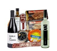 Cesta Gourmet La Albuera Vinos Blanco y Tinto Turrón de Almendras y de Chocolate Aceite de Oliva Virgen Quesos Cabra y Rollito de Barros Queso De Oveja Salchichón Vela Ibérico - CORAZON EXTREMEÑO