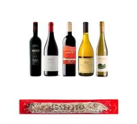 cesta gourmet Navidad para regalar Amaren 60 Graciano, Artadi Valdeginés, Atrium Merlot, Adrianna Vineyard White Bones y Aveleda Alvarinho pack de 5 botellas y 1 embutido Joselito