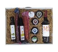 Cesta gourmet regalo original para sorprender al destinatario/a, regalo cumpleaños o cualquier evento. Un lote con productos ibéricos y vino, aceite, vinagre, cremas de quesos, patés y mermelada.