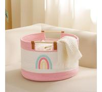 Cesta grande de cuerda de algodón de 35 litros con asas de madera, cestas tejidas para niños, juguetes de peluche, almacenamiento para guardería, cesta de lavandería, ropa de bebé, cestas de regalo