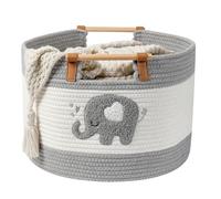 Cesta grande para mantas de 35L, cesta de cuerda de algodón con asas de madera, cestas tejidas para juguetes de peluche de niños, almacenamiento para guardería, cesto de ropa
