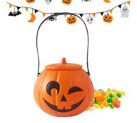 Cesta Halloween Calabaza con tapa - Naranja, Portátil para Niños, Manual | Cubo de Chuches Infantil para Recolectar Dulces Ideal para Fiestas y Decoraciones Halloween