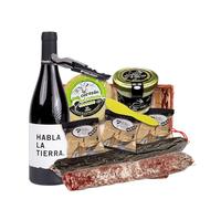 Cesta Lote Pack Picoteo Botella Vino Tinto Habla de la Tierra Salchichón y Chorizo Ibéricos Queso de Cabra Queso Crema Artesano 3 Packs de Picos de Pan - Regalo Premium Extremadura - CORAZON EXTREMEÑO