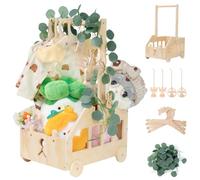 Cesta Madera Baby Shower Regalo Bebé Recién Nacido Niño Niña Armario Bebe Regalos para Baby Shower Bañera para Bebé con Ruedas Vacia Cesta de Madera con Hojas Decorativas Etiqueta de ángel y Perchero