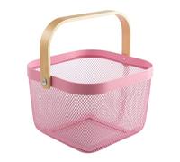 Cesta organizadora de almacenamiento de metal, cesta multifuncional con mango de bambú para decoración del hogar, cocina, picnic, compras (rosa)
