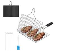 Cesta para asar pescado, parrilla y rejilla de acero inoxidable Nizirioo, portátil y plegable, soporte para pescado con mango extraíble y cepillo para hornear, 4 pinchos