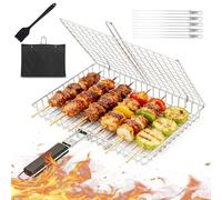 Cesta para Barbacoa de Acero Inoxidable, Parrilla Plegable Portátil con Mango Extraíble, Parrilla para Pescado con Bolsa y Cepillo, para Pescado, Carne, Verduras, Asado, Camarón, 32 x 22 cm