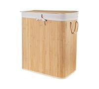 Cesta plegable de 2 compartimentos, forro interior y tapa, bambú y polialgodón, 52 x 32 x 63 cm, marrón natural, RAN11555