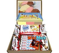 Cesta Regalo Chocolate y Crema 3 Sabores, Recuerda Años 80s, Regalo Original, Kinder Bueno, Barritas Kinder Chocolate, Happy Hippo, 1 Crema Fresa, Choco y Vainilla Cremtona.