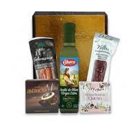 Cesta Regalo Día del Padre Gourmet | Incluye Aceite Virgen Extra Abaco 250ml + Salchichón Bellota Ibérico + Sobrasada Ibérica + Paté Pedro Ximénez + Crema Floral de Queso | Lote Ibérico IAMI