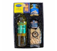 Cesta regalo gourmet con vino blanco Rueda, conservas de pescados, picos y paté. Estuche original para regalar en cumpleaños, Navidad, dia de la madre o del padre. Delicatessen