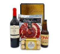 Cesta Regalo Jamon Bellota + Vino Ramon Bilbao | Perfecta como Regalo Día del Padre | Con Jamon Bellota 80 g + Vino Ramon Bilbao Crianza + Bombones Ferrero Rocher + Cerveza 1906