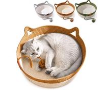 Cesta tejida a mano para gatos, cama de cuerda de algodón (Brown,M) | cama redonda con función de rascador para gatos de interior, cama tipo nido estilo boho natural