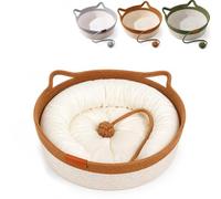 Cesta tejida a mano para gatos, cama de cuerda de algodón (Brown+Mat,L) | cama redonda con función de rascador para gatos de interior, cama tipo nido estilo boho natural