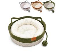 Cesta tejida a mano para gatos, cama de cuerda de algodón (Green+Mat,S) | cama redonda con función de rascador para gatos de interior, cama tipo nido estilo boho natural